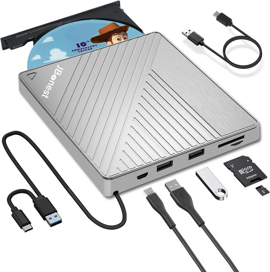 Externes CD-DVD-Laufwerk USB 3.0 Typ C, extern mit SD/TF-Kartenleser, tragbarer RW-Brenner, schnelle Datenübertragung für Laptop, Desktop, MacBook, Win11/10/8/7/XP, Linux, Mac OS, Vista